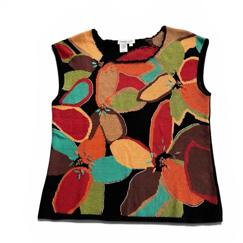 Coldwater Creek Black and Red Floral Patterned Women’s Sleeveless Sweater - L